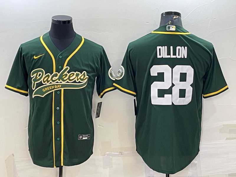 Men%27s Green Bay Packers #28 AJ Dillon Green With Patch Cool Base Stitched Baseball Jersey->green bay packers->NFL Jersey